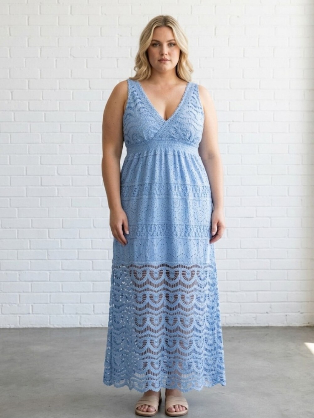 BOSTON PROPER Periwinkle Bohemian Blue Eyelet Lace Maxi Dress Lined Size Large